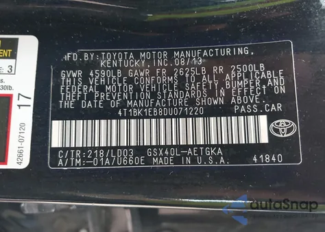 2013 Toyota Avalon Xle из США, поврежденный, VIN 4T1BK1EB8DU071220